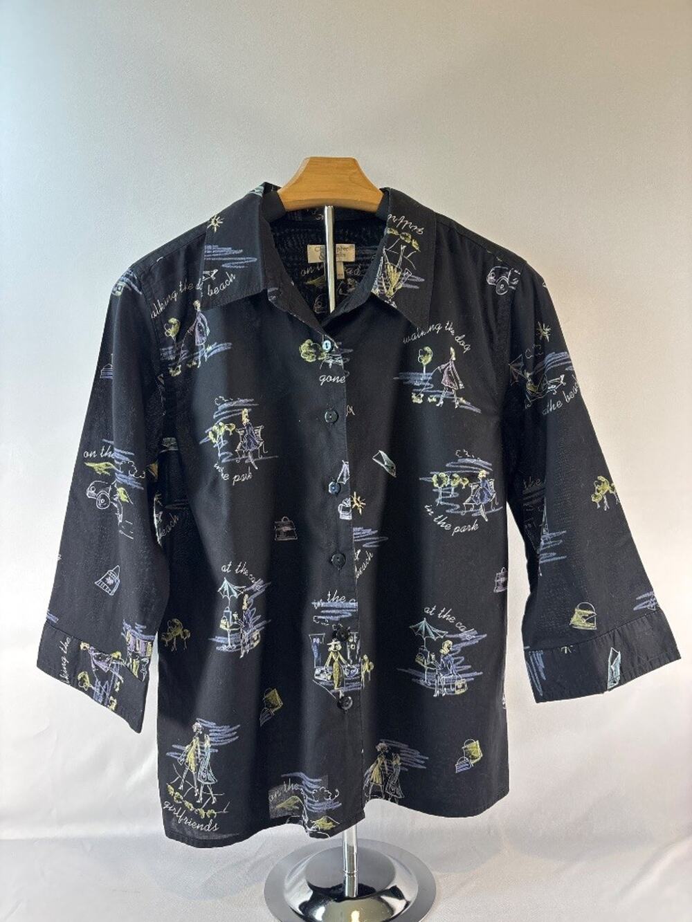Christopher & Banks Black Novelty Print Button Shirt Women's M Y2K Graphic